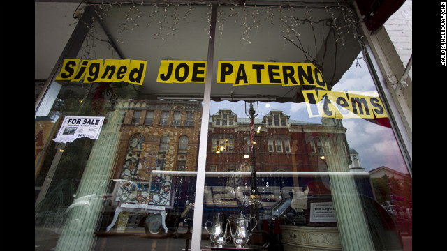 A business advertises Joe Paterno items within view of the courthouse where assistant coach Sandusky is on trial.