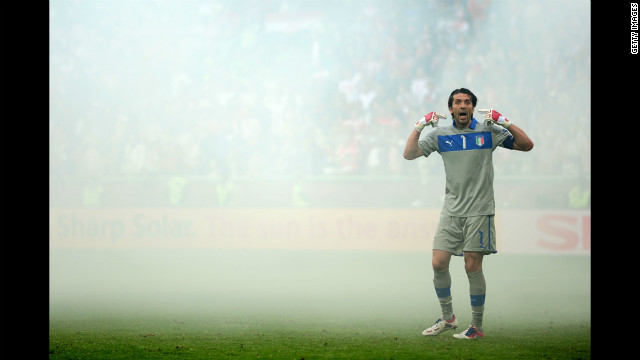 Gianluigi Buffon of Italy gestures during the match against Croatia.