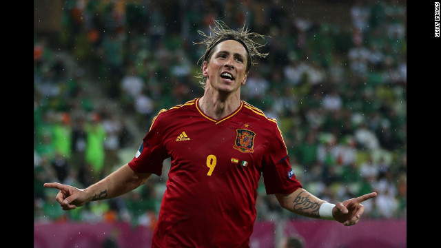 Fernando Torres of Spain celebrates scoring the team's third goal during the match between Spain and Ireland.