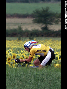 Armstrong rides during the 18th stage of the 2001 Tour de France. He won the tour that year for the third consecutive time.