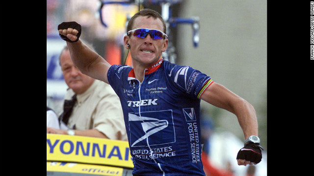 Armstrong celebrates winning the 10th stage of the Tour de France in 2001.