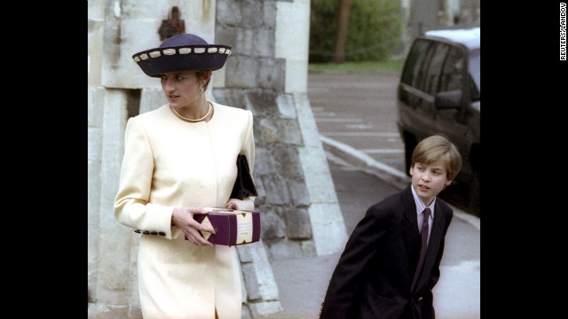 Princess Diana and Prince William wait for Prince Harry after attending the annual Easter Sunday church service in 1992 at St. Georges Chapel inside Windsor Castle.