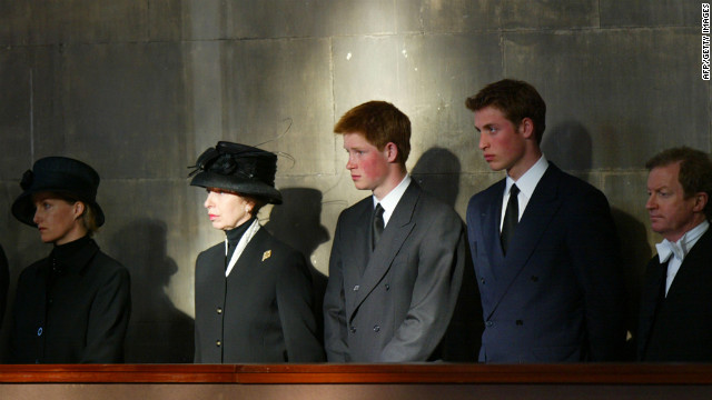 The royal family stand vigil besides the Queen Mother's coffin at Westminster Hall on April 8, 2002. Prince William, right, stands alongside Prince Harry, Princess Anne and Sophie of Wessex.