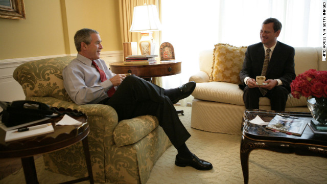 President George W. Bush meets with Roberts for morning coffee at the White House on July 20, 2005, a day after Bush first nominated Roberts for the Supreme Court to replace outgoing Justice Sandra Day O'Connor.