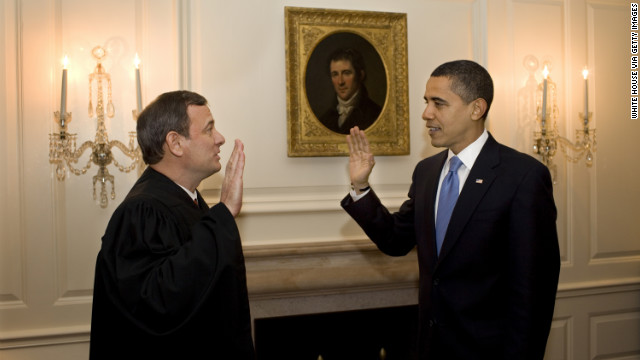 A day after President Obama's inauguration, Roberts re-administers the oath of office to Obama at the White House on January 21, 2009. At the official swearing in ceremony, Roberts misplaced a word in the oath and caused Obama to stumble over the recitation.