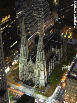 St. Patrick's Cathedral features soaring spires, an elaborate marble exterior and colorful stained glass windows.
