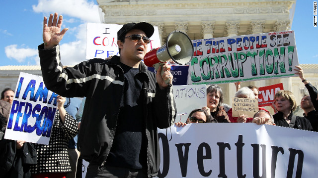 Citizens United v. Federal Election Commission (2010): Activists rally in February 2012 to urge the Supreme Court to overturn its decision that fundamentally changed campaign finance law by allowing corporations and unions to contribute unlimited funds to political action committees not affiliated with a candidate.