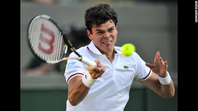 Canada's Milos Raonic plays a forehand shot during his second round men's singles match against U.S. player Sam Querrey June 28.