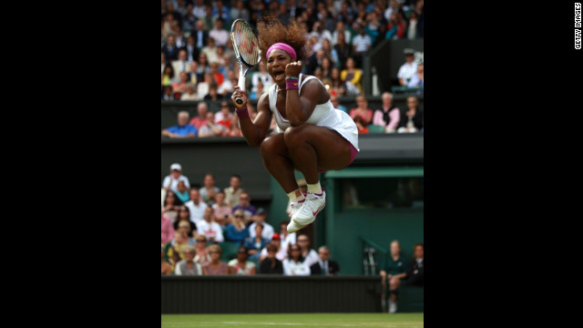 Williams, who hit a Wimbledon record 23 aces, celebrates match point and victory over Zheng on Saturday.