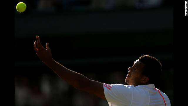 Jo-Wilfried Tsonga of France serves during his match against Lukas Lacko of Slovakia on Saturday.