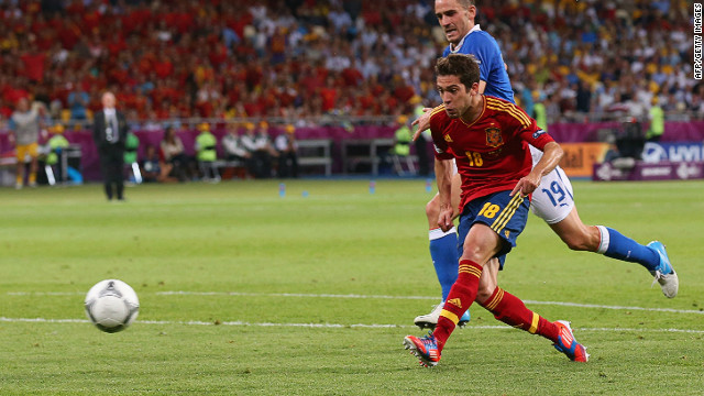 Latching onto a sublime through ball from Xavi, Jordi Alba doubles Spain's lead four minutes before halftime. 