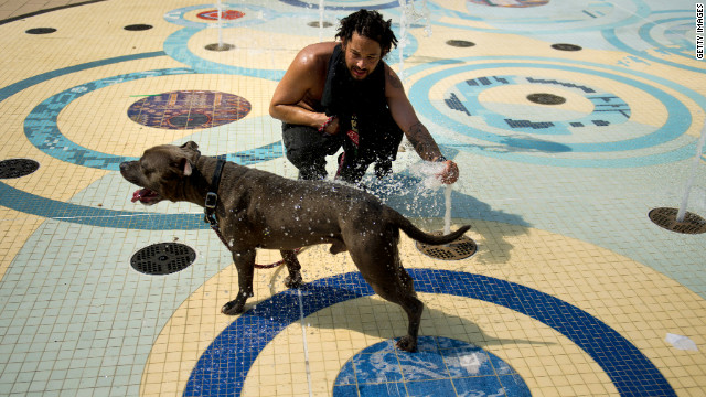 Bryan Moran sprays his dog, Rocky, with water in Washington's Columbia Heights on Sunday. Eastern cities were forecast to approach or break record-high temperatures.