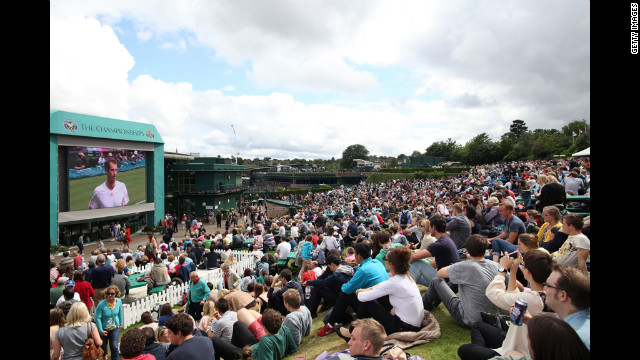 A general view of the crowd on Murray Mount on Day Nine of the Wimbledon Lawn Tennis Championships.