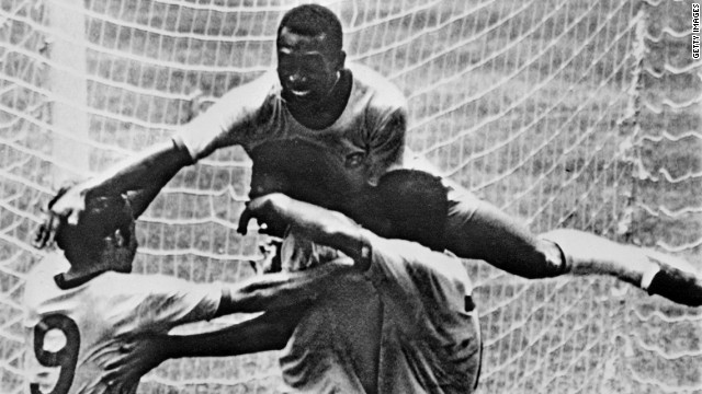 Pele (top) leaps on his teammates during Brazil's 4-1 victory over Italy in the 1970 World Cup final. The Brazil team of that tournament, which clinched a third World Cup triumph, is often heralded as one of the finest in football history.