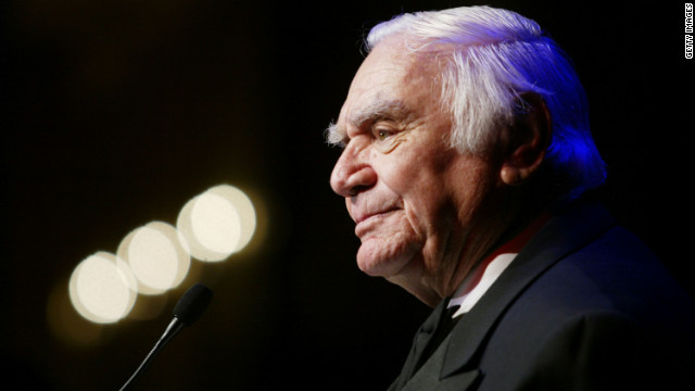 Named humanitarian of the year, Borgnine speaks on stage at the So the World May Hear fundraising event in Los Angeles on November 6, 2003.