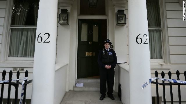 Police tape lines the outside of the house of Eva Rausing in Knightsbridge on July 10, 2012 in London.