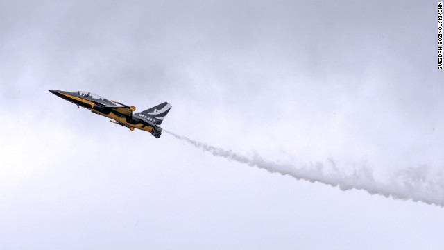 The Black Eagles (modified T-50Bs), formally known as the Republic of Korea Air Force Aerobatic Team, show off their skills at Farnborough this week. They are the only Asian-developed aircraft present at the aviation event.