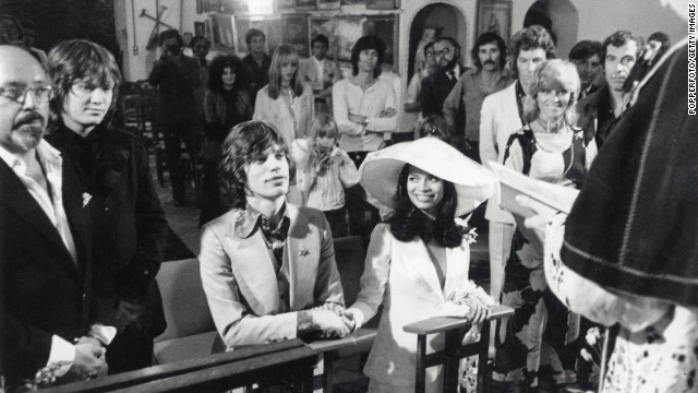 Mick Jagger and Nicaraguan girlfriend Bianca Perez Moreno De Macias marry in a small fisherman's church in St. Tropez, France, in 1971. Among the guests pictured are film director Roger Vadim, actress Nathalie Delon, photographer Patrick Lichfield, Keith Richards and Anita Pallenberg.