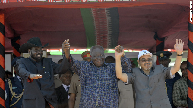 Presidents (left to right) Salva Kiir of South Sudan, (former president) Mwai Kibaki of Kenya and Meles Zenawi of Ethiopia celebrate following the ground breaking ceremony of the Lamu Port--South Sudan--Ethiopia Transport Corridor (LAPSSET) in March 2012.