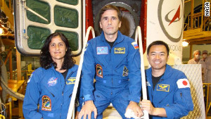 Flight engineer Sunita Williams, Soyuz commander Yuri Malenchenko and flight engineer Aki Hoshide.