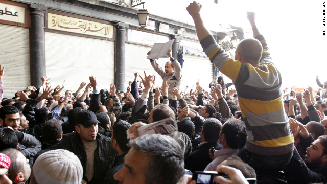 Syrians in Damascus protest in the street on March 25, 2011, after clashes with government forces in Daraa left several dead.