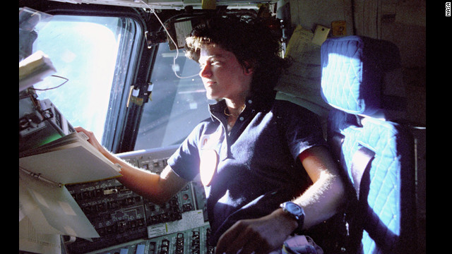 Ride takes her seat aboard the Challenger on June 19, 1983, the day she became the first American woman in space.