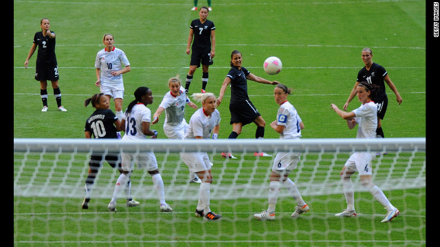 Amber Hearn of New Zealand shoots for a goal.