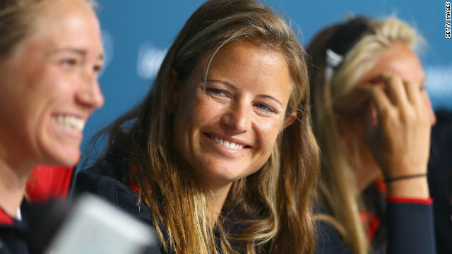 Amanda Clark of the U.S. sailing team chats with reporters Thursday during a press conference in Weymouth, England.