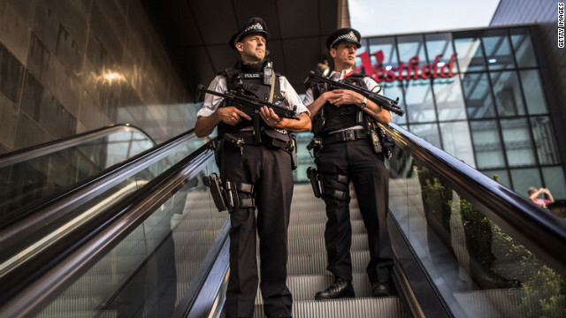 Police patrol Westfield Stratford City shopping mall near London Olympic Park on Thursday.