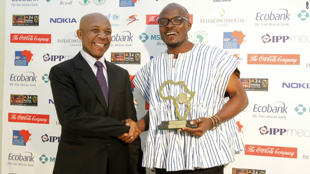 Joy FM's Joshua Anny celebrates after winning the award for Radio General News for his work, "Scatters Paradise."