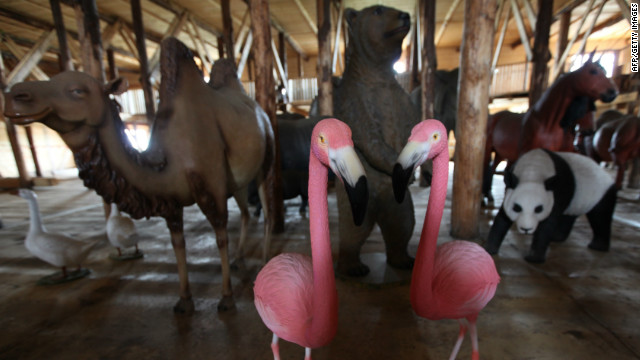 Huibers has filled his ark, intended to act as a biblical museum to inspire people with the story of Noah and the flood, with a menagerie of plastic animals, and an aviary of real birds.