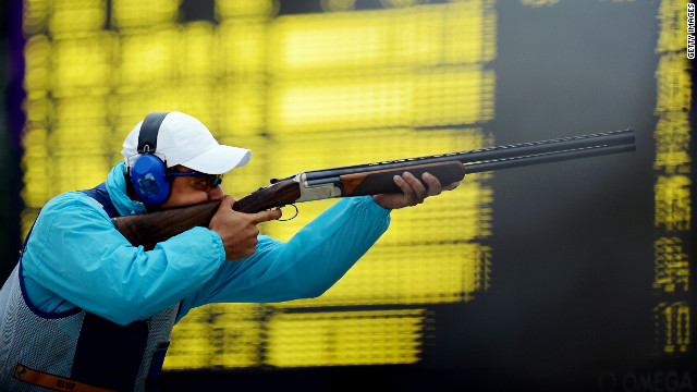 Azmy Mehelba of Egypt competes in the men's skeet qualification round Tuesday at the Royal Artillery Barracks.