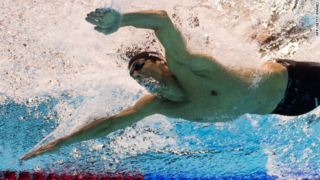 A picture taken with an underwater camera of U.S. swimmer Michael Phelps as he competes in