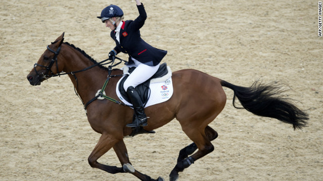 Great Britain's Zara Phillips, riding High Kingdom, reacts after competing in individual eventing.