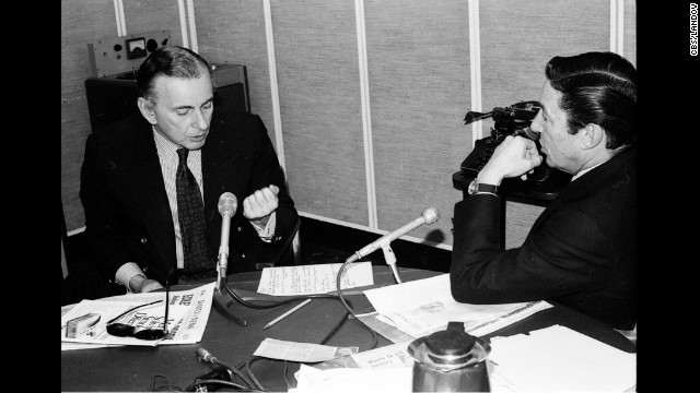 Vidal with Mike Wallace in the CBS newsroom in 1978. Vidal would refer to himself as a once-famous novelist relegated to going on television because people "seldom read anymore."<br/><br/>