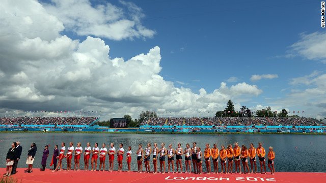 Members of the gold medal-winning U.S. team, the silver medal-winning Canadian team and the bronze medal-winning Dutch team line up during the medal ceremony.