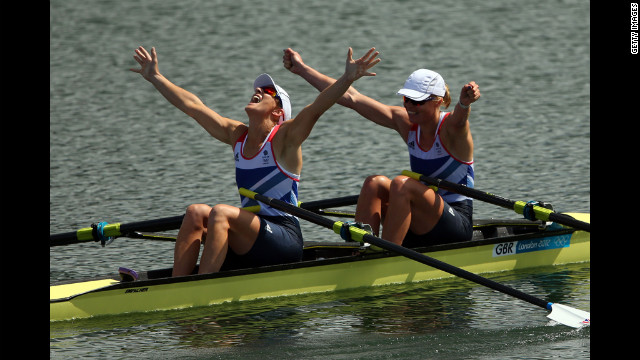 Katherine Grainger and Anna Watkins of Great Britain celebrate after winning gold in the women's double sculls final.