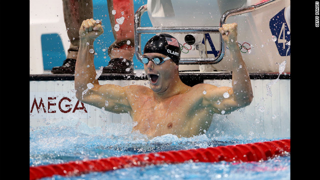 Tyler Clary reacts after winning the gold in the men's 200-meter backstroke final in London on Thursday, August 2.