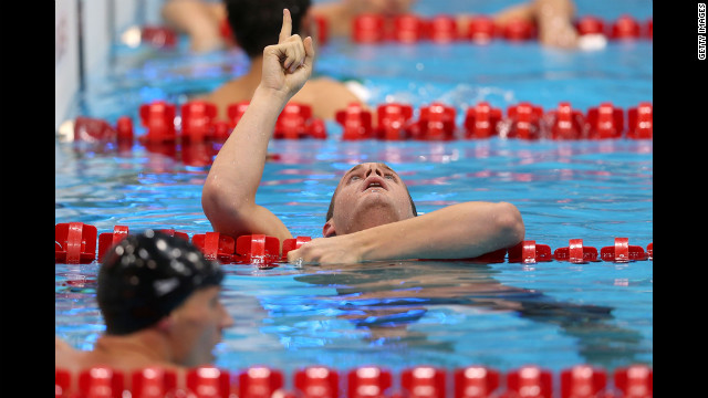 Tyler Clary celebrates after winning the gold in the men's 200-meter backstroke final. Clary beat Ryan Lochte with an Olympic-record time of 1:53.41.