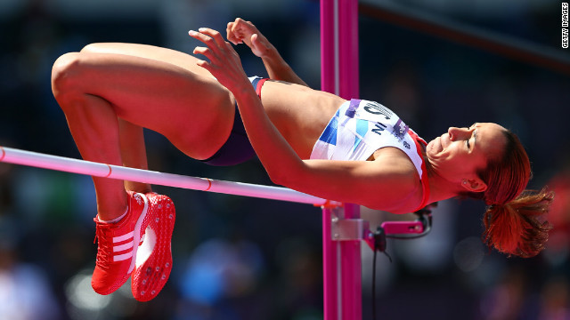 Jessica Ennis of Great Britain competes in the women's heptathlon high jump.