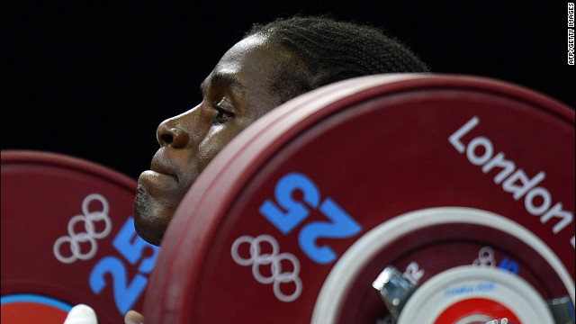 Cameroon's Madias Dodo Nzesso Ngake competes in the women's 75-kilogram weightlifting event.