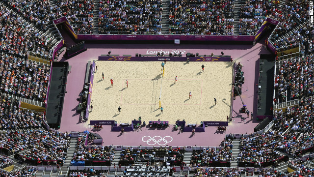  An aerial view shows the beach volleyball venue at Horse Guards Parade in London.