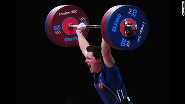 Russia's Natalya Zabolotnaya competes in the women's 75-kilogram weightlifting final.