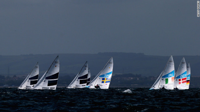 Competition gets under way in the men's Finn sailing in Weymouth, England.