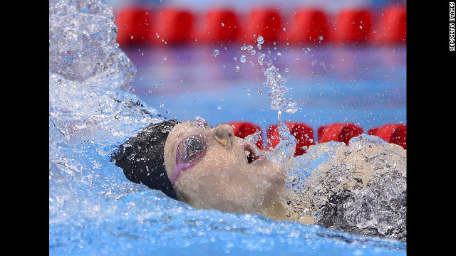 Missy Franklin competes in the women's 200-meter backstroke final. Franklin took gold in the event and American Elizabeth Beisel took bronze.