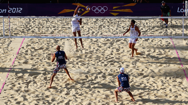 Daniele Lupo of Italy spikes the ball during the men's beach volleyball round of 16 match between the United States and Italy on Friday.