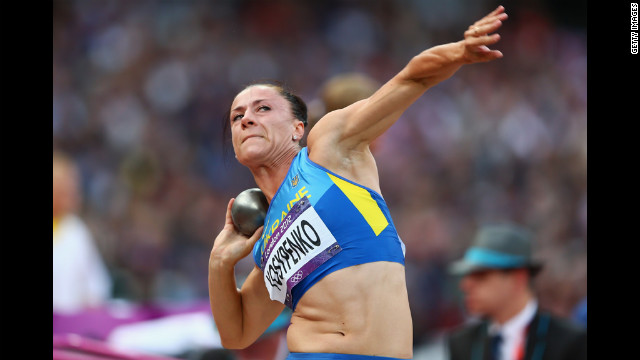 Lyudmyla Yosypenko of Ukraine competes in the women's heptathlon shot put on on Friday.