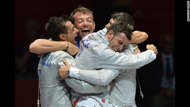 Italy's Aldo Montano and teammates celebrate winning the bronze medal after the men's sabre bronze medal match against Russia on Friday.