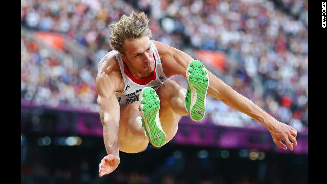 Great Britain's Christopher Tomlinson competes in the men's long jump qualification on Day 7 of the London 2012 Olympic Games.