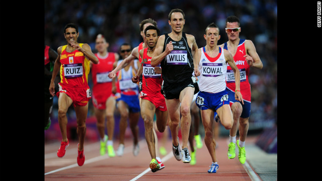 Nicholas Willis of New Zealand and Yoann Kowal of France compete in the men's 1500-meter round 1 heats at Olympic Stadium in London.